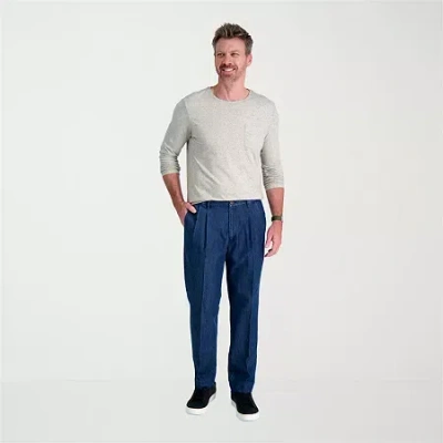 Haggar Stretch Denim Mens Classic Fit Pleated Pant In Blue
