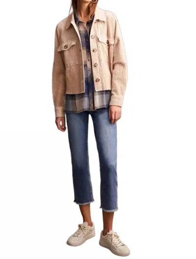 Haggar Tribal Crop Denim Shacket With Patch Packets In Beige