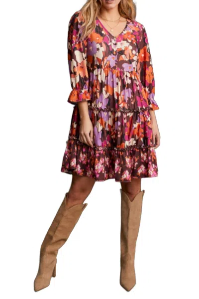 Haggar Tribal Flowy Printed Peasant Dress In Rum In Multi