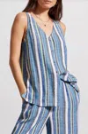 Haggar Tribal Linen Blend Striped Button Down Cami Top In Blue Sea