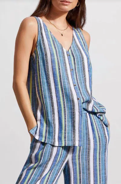Haggar Tribal Linen Blend Striped Button Down Cami Top In Blue Sea
