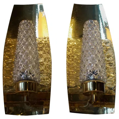 Pre-owned Hags Vintage Brass And Cut Crystal Wall Sconces By , Austria, Vienna, 1950s In Brown