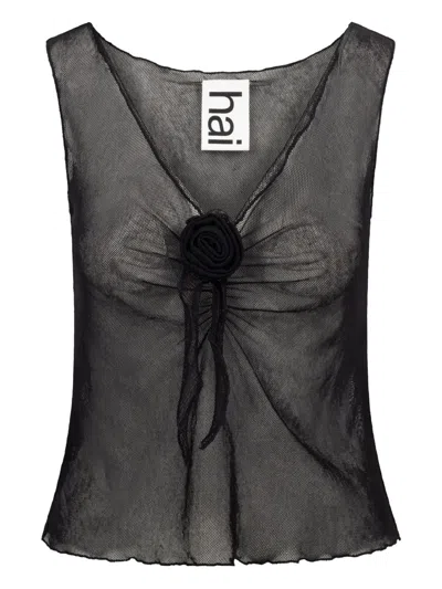 Hai Gigi Rose-embellished V-neck Top In Black