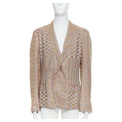 Pre-owned Haider Ackermann Rare  2015 Runway Gold Silver Checkered Linen Silk Blazer Xl In Sand