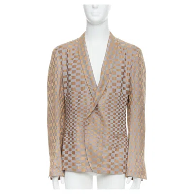 Pre-owned Haider Ackermann Rare  2015 Runway Gold Silver Checkered Linen Silk Blazer Xl In Sand