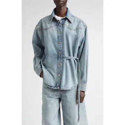 Haikure Belted Denim Snap-up Shirt In Blue