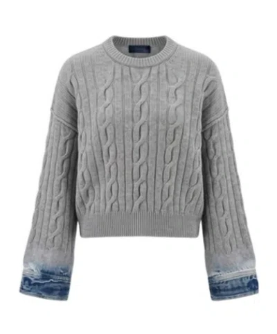 Haikure Karine Denim-trimmed Cable-knit Cotton Sweater In Gray