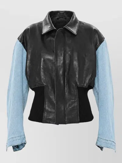 Haikure Denim Leather-panelled Single-breasted Jacket In White
