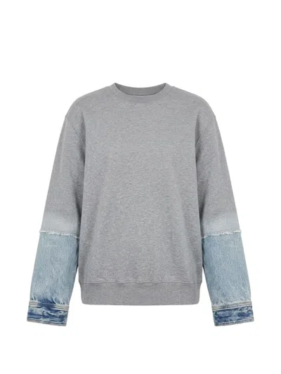 Haikure Denim-panelled Frayed Sweater In Gray