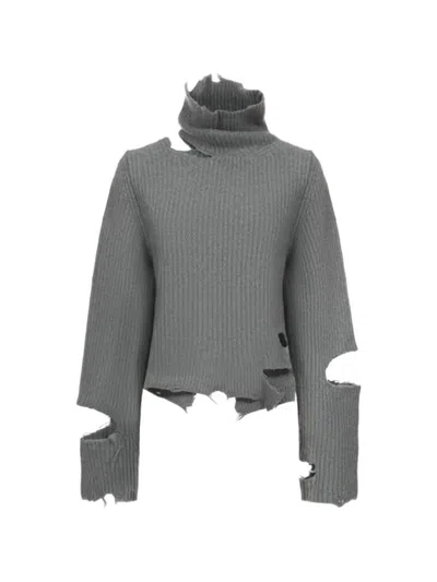 Haikure Distressed Ribbed-knit Sweater In Gray