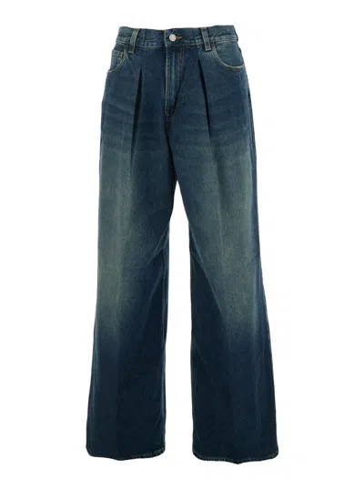Haikure Faded Straight-leg Logo Patch Back Jeans With Five-pocket Design In Blu