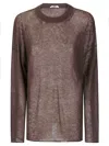 Haikure Fine Knit Long-sleeve Crewneck Sweater In Brown
