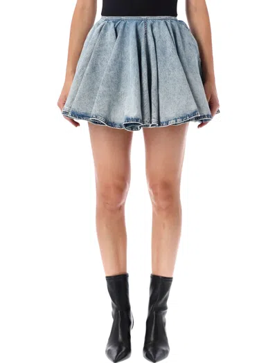 Haikure Flared Light-washed Denim Mini Skirt With Gathered Waistline In Blue