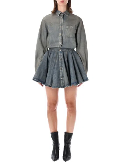 Haikure Button-down Denim Mini Dress With Pleated Skirt And Classic Collar In Blue