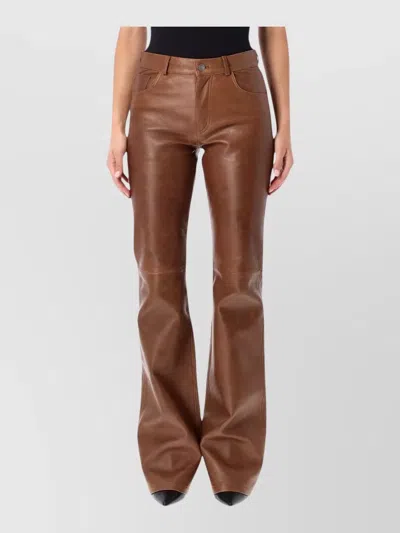 Haikure High Waist Flared Leather Tailored Denim Trousers In Brown