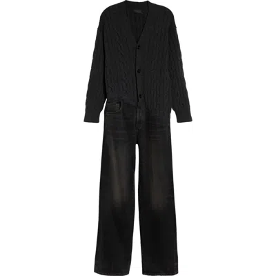 Haikure Janice Merino Wool Cardigan & Distressed Slim Straight Leg Jeans Jumpsuit In Vintage Black