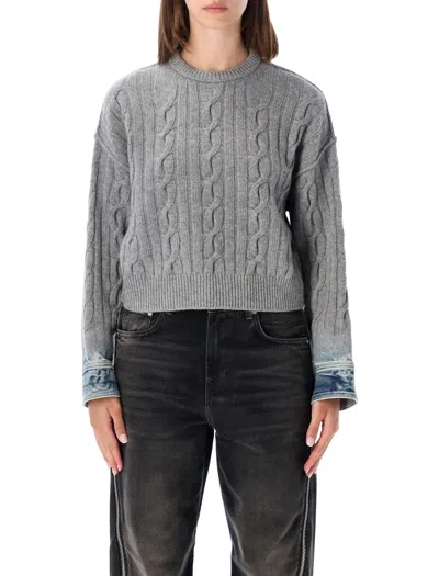 Haikure Karine Cable-knit Wool Sweater With Denim-style Cuffs In Grey Pollock Light Blue