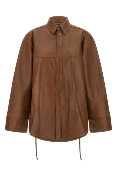 Haikure Leather Overshirt With Drawstring Waist In Brown