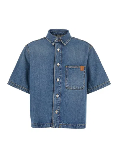 HAIKURE 'OLIVE' BLUE CROP SHIRT WITH PATCH POCKET ON THE CHEST