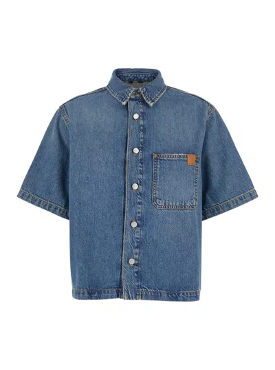 Haikure Olive Blue Crop Shirt With Patch Pocket On The Chest In Denim Woman