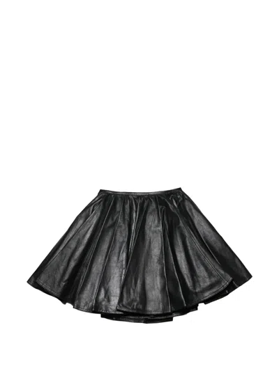 Haikure Flared Black Leather Mini Skirt With Pleated Detail