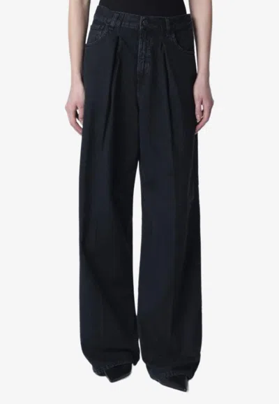 Haikure Denim Pleated Wide-leg Trousers In Black
