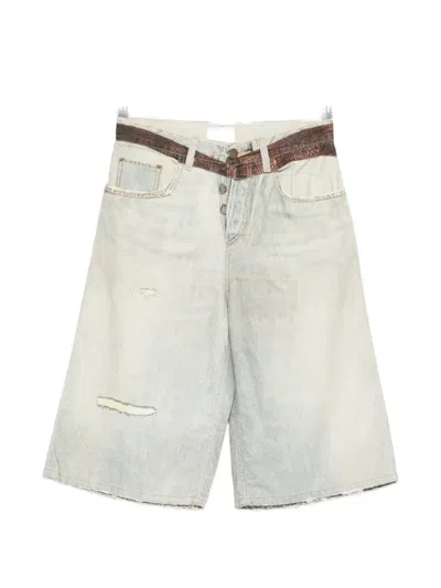 Haikure Printed Belted Denim Shorts Five Pockets In Blue