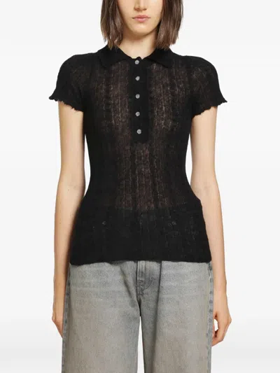 Haikure Semi-sheer Cable-knit Polo Shirt In Black