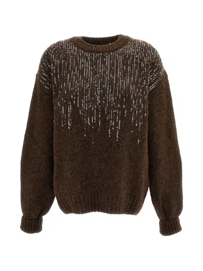 Haikure Sequin-embellished Ribbed-knit Sweater In Brown