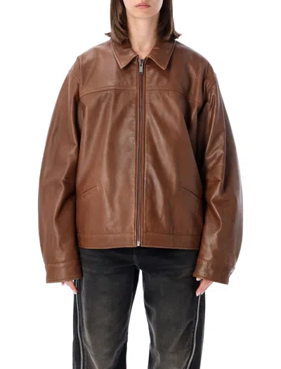 Haikure Silky Leather Cropped Jacket For Women With Boxy Fit & Adjustable Waist In Marrone