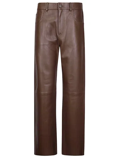 Haikure Straight-leg Leather Five-pocket Pants In Brown