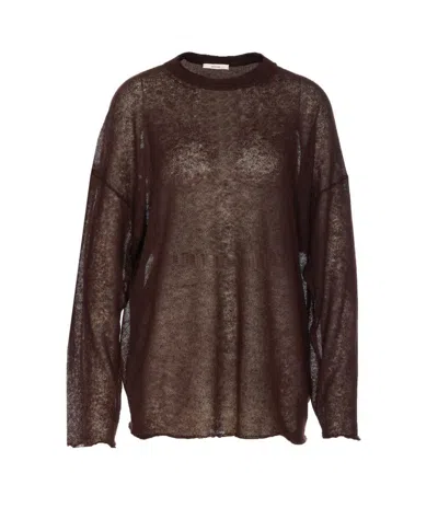 Haikure Fine Knit Long-sleeve Crewneck Sweater In Brown