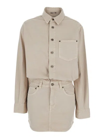 Haikure 'tamu' Beige Dress With Drop Shoulders And Logo Patch On The Back In Cotton Woman