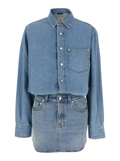 HAIKURE TAMU BLUE DRESS WITH DROP SHOULDERS AND LOGO PATCH ON THE BACK IN COTTON WOMAN
