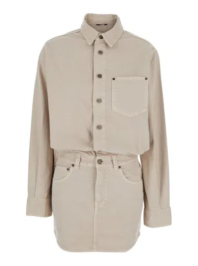 HAIKURE TAMU BEIGE DRESS WITH DROP SHOULDERS AND LOGO PATCH ON THE BACK IN COTTON WOMAN