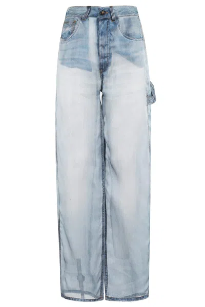 Haikure Wide Leg Denim Print Silk Pants In Blue