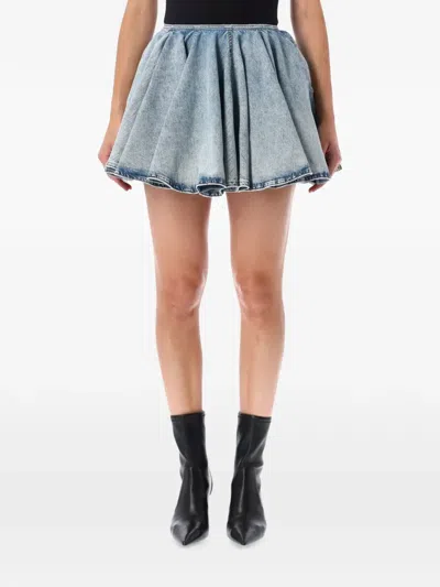Haikure Flared Light-washed Denim Mini Skirt With Gathered Waistline In Blue