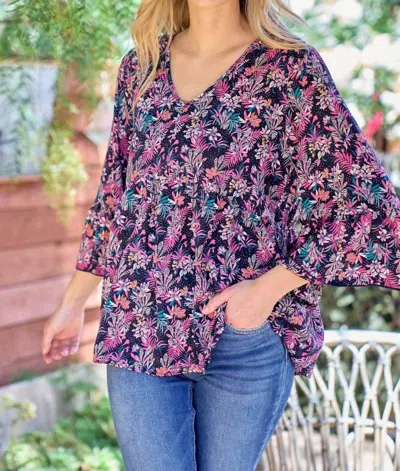 Hailey & Co Floral Babydoll Bell Sleeve Top In Navy Blue And Fuschia In Purple