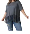 Hailey & Co Fringe Hem Top Blouse In Grey In Grey