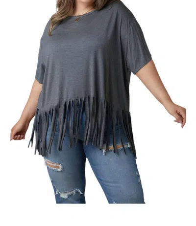 Hailey & Co Fringe Hem Top Blouse In Grey