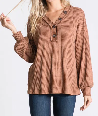 Hailey & Co Long Sleeve Waffle Top In Brown