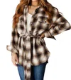 HAILEY & CO OUTSIDE STROLL PLAID WAIST TIE SHACKET IN BROWN