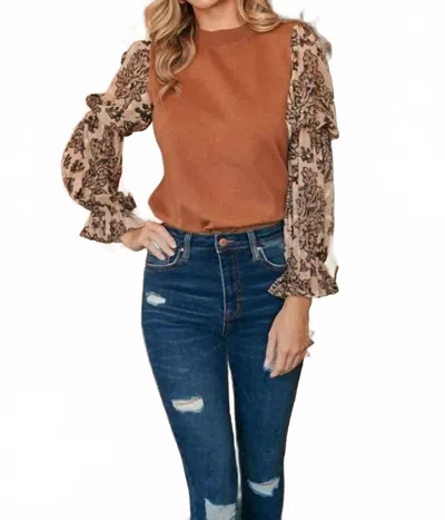 Hailey & Co Simple Elegance With Jacquard Organza Sleeves Sweater In Camel Brown