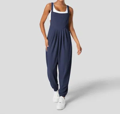 Halara Adjustable Strap Button Multiple Pockets Plicated Waffle Casual Jogger Overalls In Navy In Blue