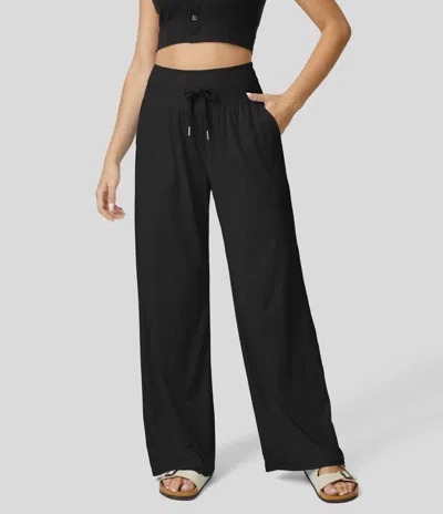 Halara High Waisted Drawstring Side Pocket Wide Leg Cool Touch Casual Pants In Black