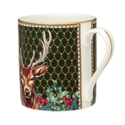 Halcyon Days Antler Trellis Green Handmade Bone China Coffee Mug In White;green