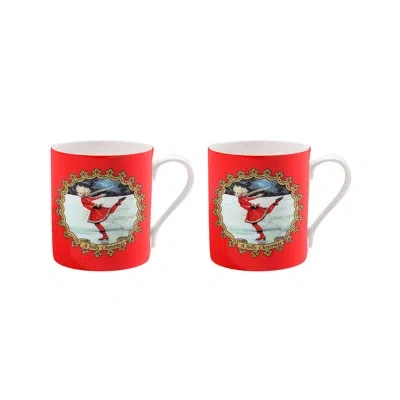 Halcyon Days Christmas Ice Skating - Mug Set X 2 In Red,white,brown