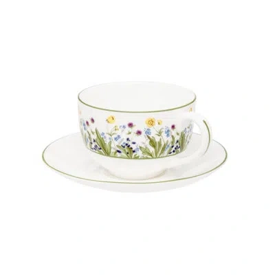 Halcyon Days Highgrove Handmade Bone China Teacup And Saucer In White;green