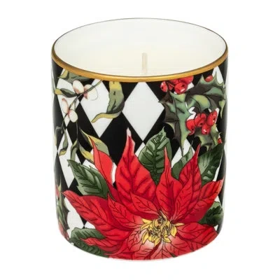 Halcyon Days Parterre With Poinsettia Un Lidded Candle In Green,red,black