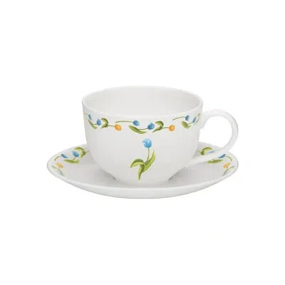 Halcyon Days Tulip Handmade Bone China Teacup And Saucer In Blue;white;green;orange